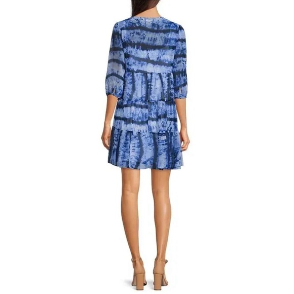 NWT Calvin Klein Tie-Dye Blue V-Neck Wrap Tiered Mini Dress - Picture 2 of 6